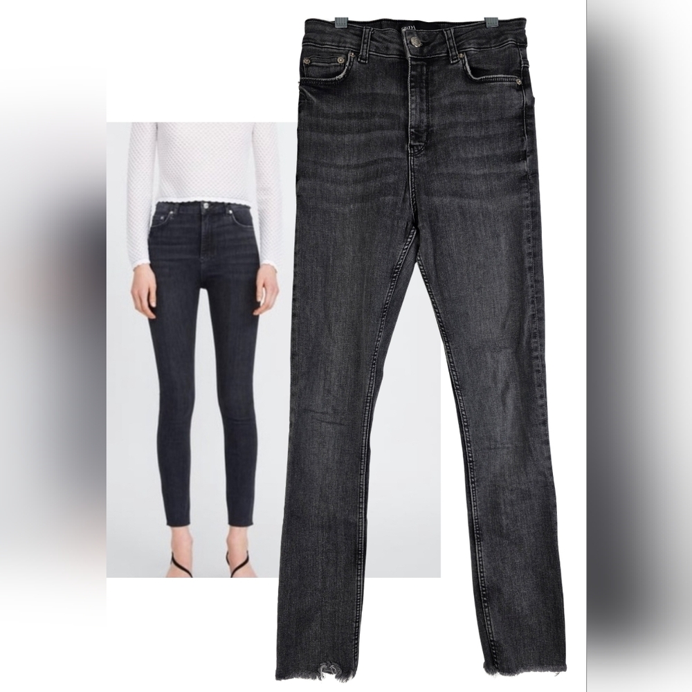 Zara The High Waist Skinny In Midnight Black Jeans Size 2 Raw Hem 1311-BV